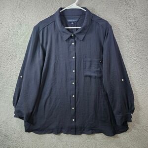 Tommy Hilfiger Women's Navy Textured Button Up Shirt Plus Sz 2X Roll Tab‎ Sleeve